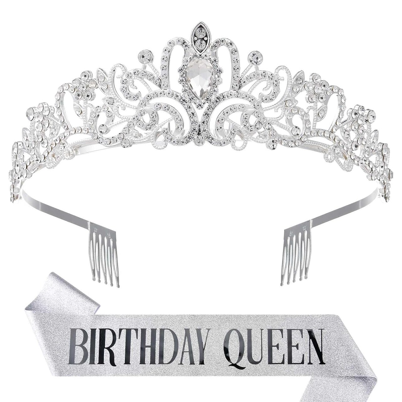 Birthday Queen Sash and Tiara for Women Crystal Crown Rhinestone Hair Headband Set Happy Party Princess Decorations Accessories Girls Gifts Outfit Kits Silver